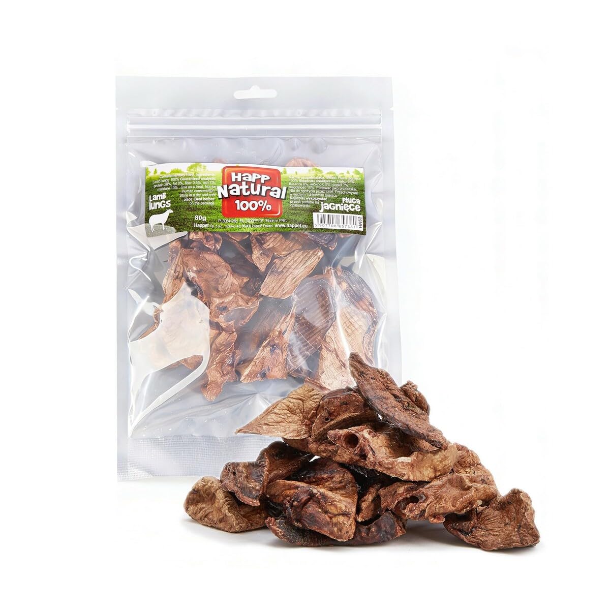HAPPET Getrocknete Lamm Lunge für Hunde & Katzen 80 g – Natürlicher Hundesnack & Katzensnack aus 100% Lamm, Proteinreich, Fettarm, Getreidefrei, Schonend Getrocknet