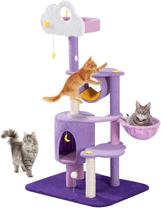 59 Inch Cat Tree Tower, Pink Plush Cat Condo, Cute Cat