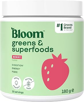 Bloom Super Greens Powder Berry 30 Servings with Probiotics, Digestive Enzymes, Spirulina & Chlorella, Sugar-Free