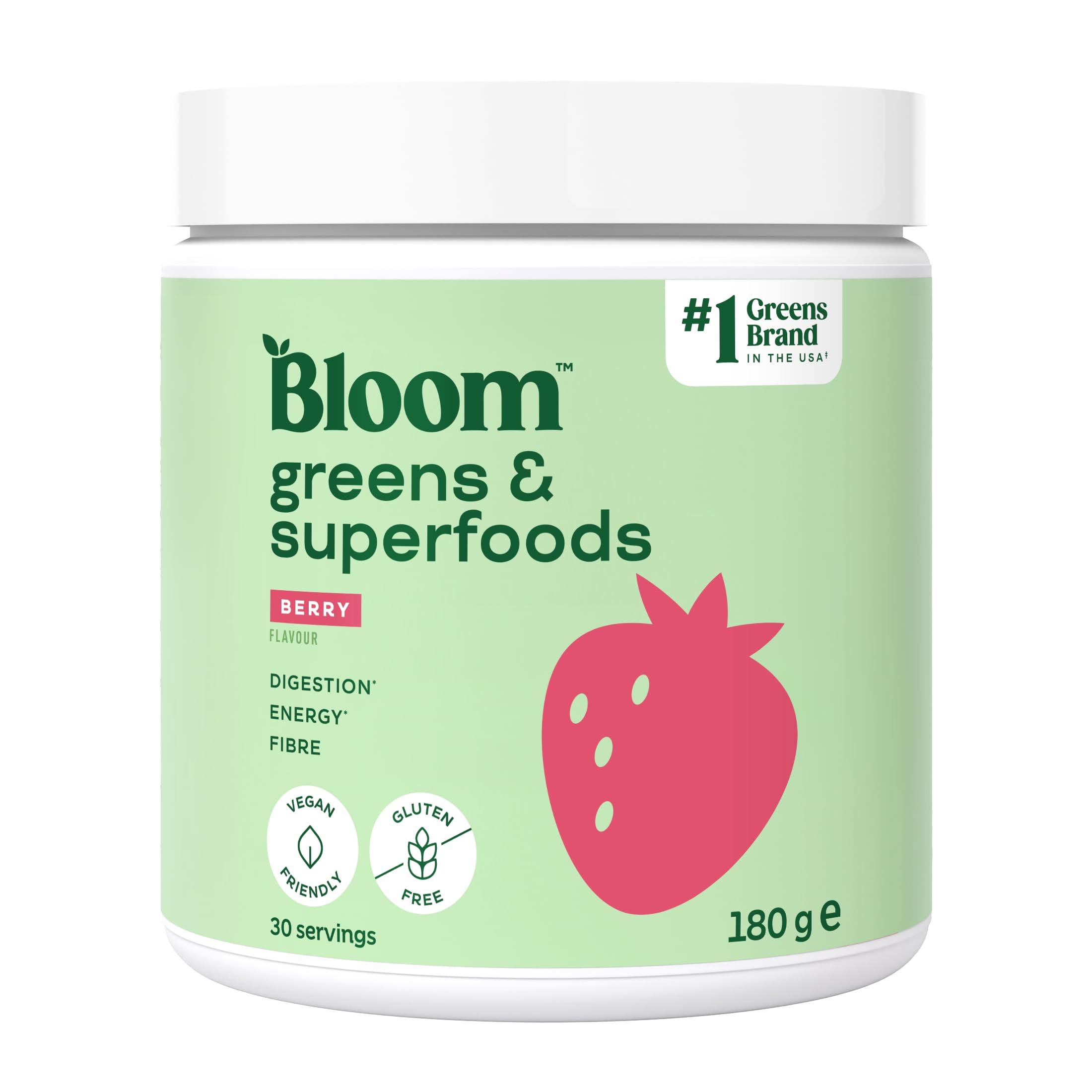 Bloom Super Greens Pulver Beere (30 Portionen) mit Probiotika, Verdauungsenzymen, Spirulina & Chlorella, zuckerfrei