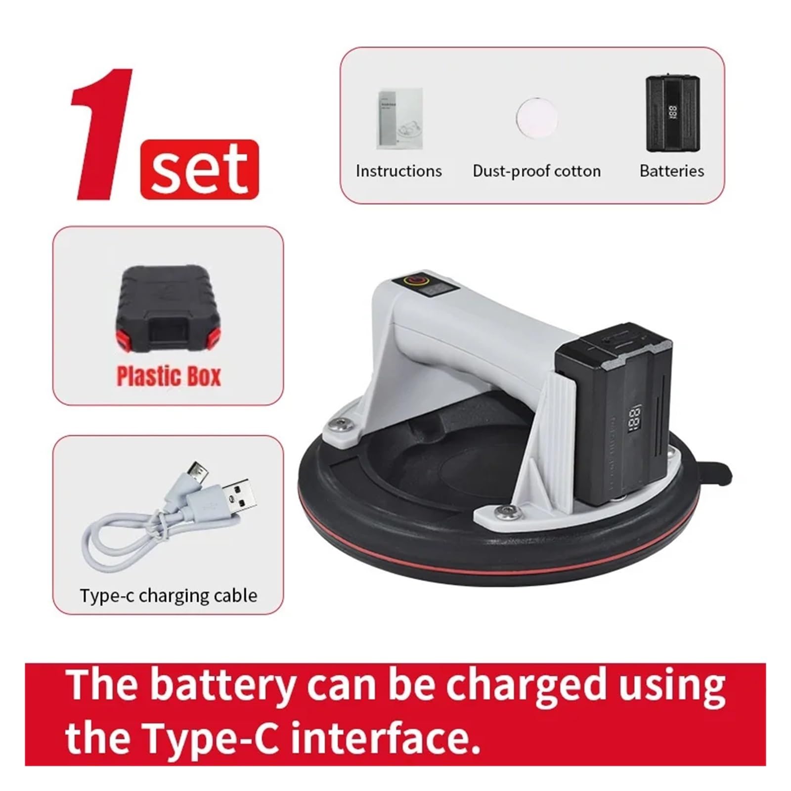 Suction Cups for Glass, 2800mAh Electric Vacuum Suction Cup for Glass Tile 8 Inch Strong 200kg Bearing Capacity Industrial Sucker with Air Pump,Granite & Glass Lifting(Gray Plastic Box)