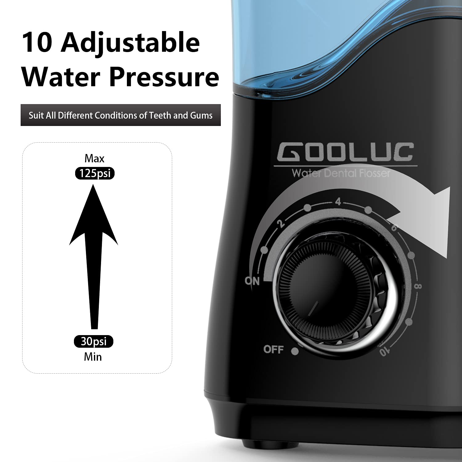 Water Flosser, GOOLUC Water Flossers for Teeth/Braces Cleaning, 10 Pressure Levels Oral Irrigator Teeth Cleaner 8 Water Jet Tips for Family, 600ML Electric Dental Flosser Pick with Carry-on Bag