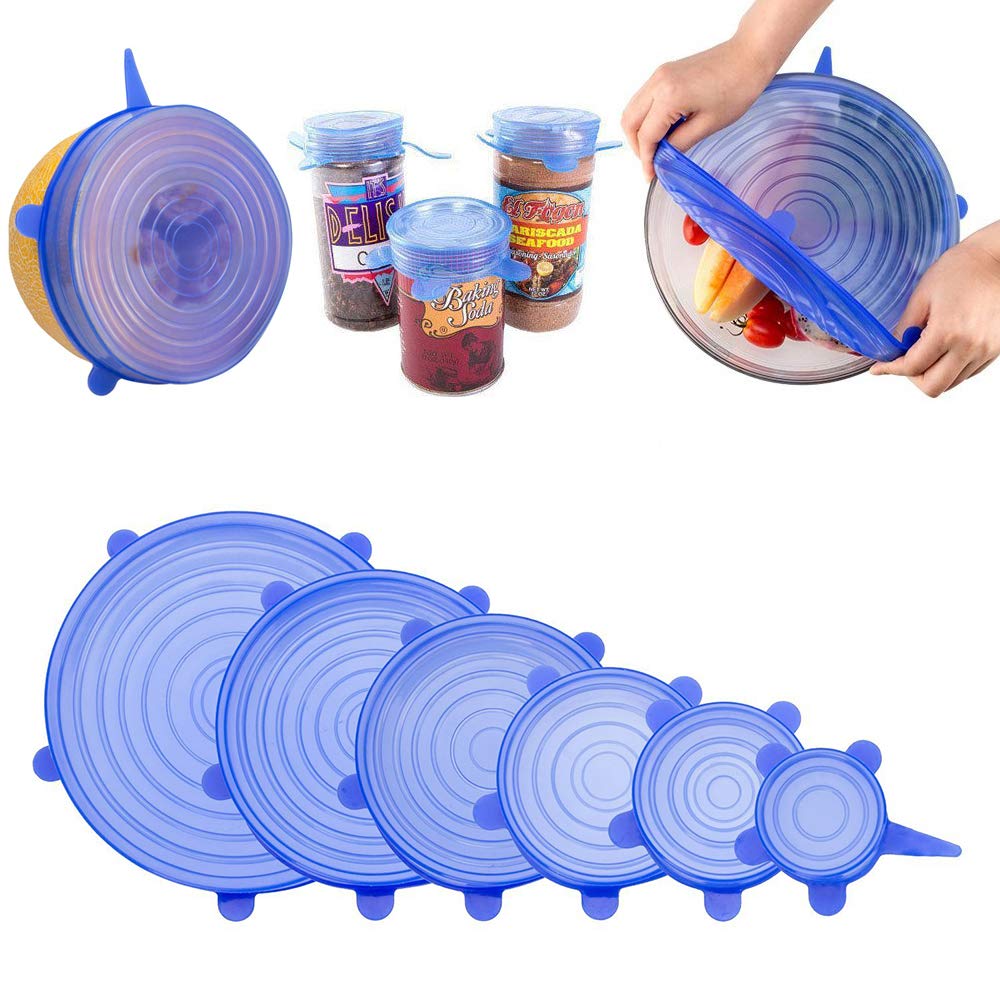 Winterworm Blue Silicone Stretch Lids, Reusable Stretch Food Cover, Preserving Lids, Set Of 6 Different Size Of Flexible Cover, Dishwasher Microwave Oven Safe