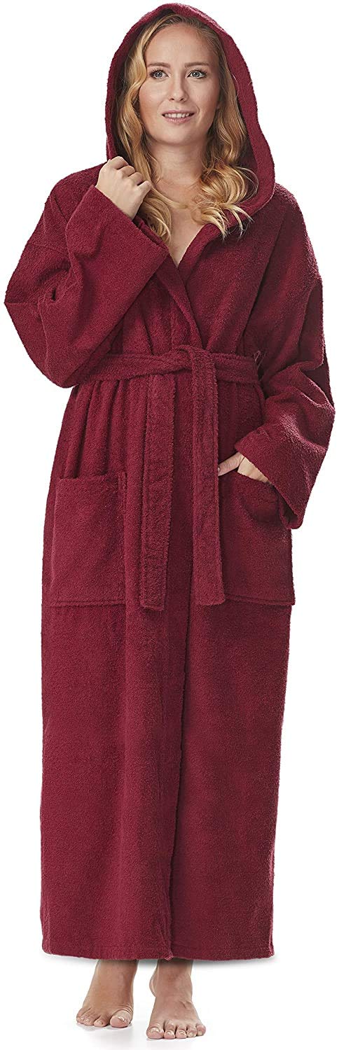Arus Women`s bathrobe with hood, calf length, 100% cotton terry towelling, wine red, S-M