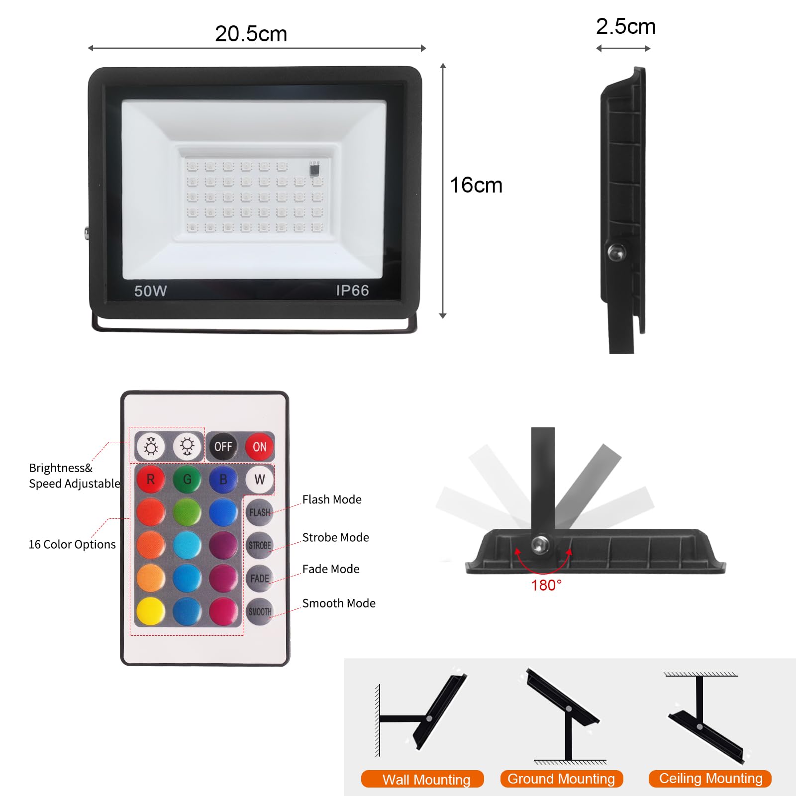 Faretto LED RGB Da 50W Esterno/Interno - Proiettore A Cambio Colori Con Telecomando, IP66, Ideale Per Giardino E Feste - Foto 3