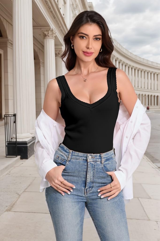 TAIPOVE Rib-Knit Lace Camisole Tops for Women for Underclothes V Neck Cute Crop Layering Tops Cotton Cami Undershirts 2 Packs