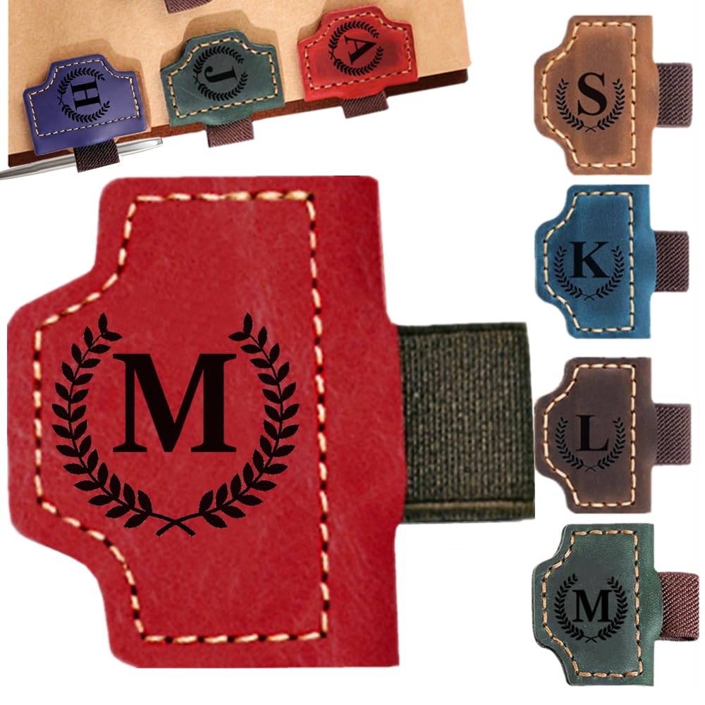 Custom Bookmark with Pen Holder with 26 Letters Personalized Magnetic Leather Book Mark, Customized Name Book Marker Clip with Initial for Men Women, Gifts for Book Lovers, Readers, (Red, M)