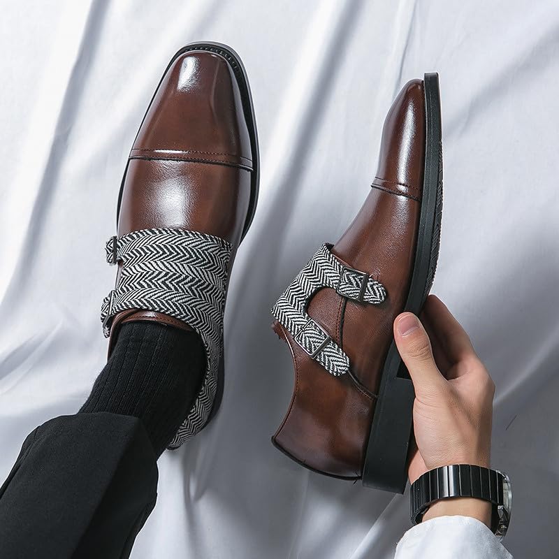 Santimon Men's Retro Leather Dress Shoes with Herringbone Strap Slip-On Cap Toe Loafers for Weddings, Parties & Business3
