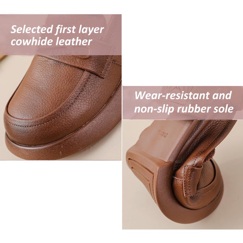 Image of Women's Penny Loafers Low Chunky Heel Brown Leather Dress Shoes for Work US Size 7.5-8