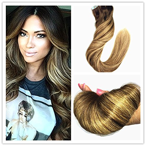 Stella Reina 50g 20pcs Brunette Ombre Balayage Blonde Highlights Tape In Hair Extensions Chocolates Brown Color #4 To P4/27 Subtle Sombre Blonde Remy Human Hair Extension 18 Inch
