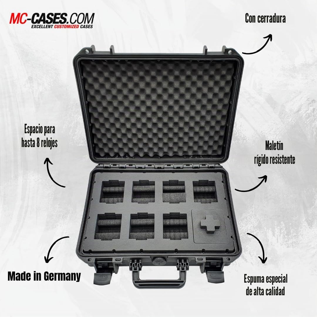 Caja para Relojes con Espacio para 8 Piezas - Maletín de Viaje Impermeable y con un Cierre Seguro - Máxima protección - Fabricada en Alemania