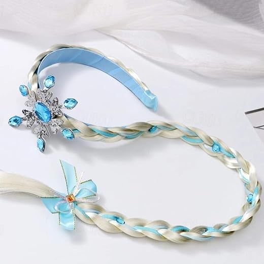 Tiara Infantil Trança Princesa com Strass Azul, 64cm, Fita Cetim e Laço para Fantasias e Festas