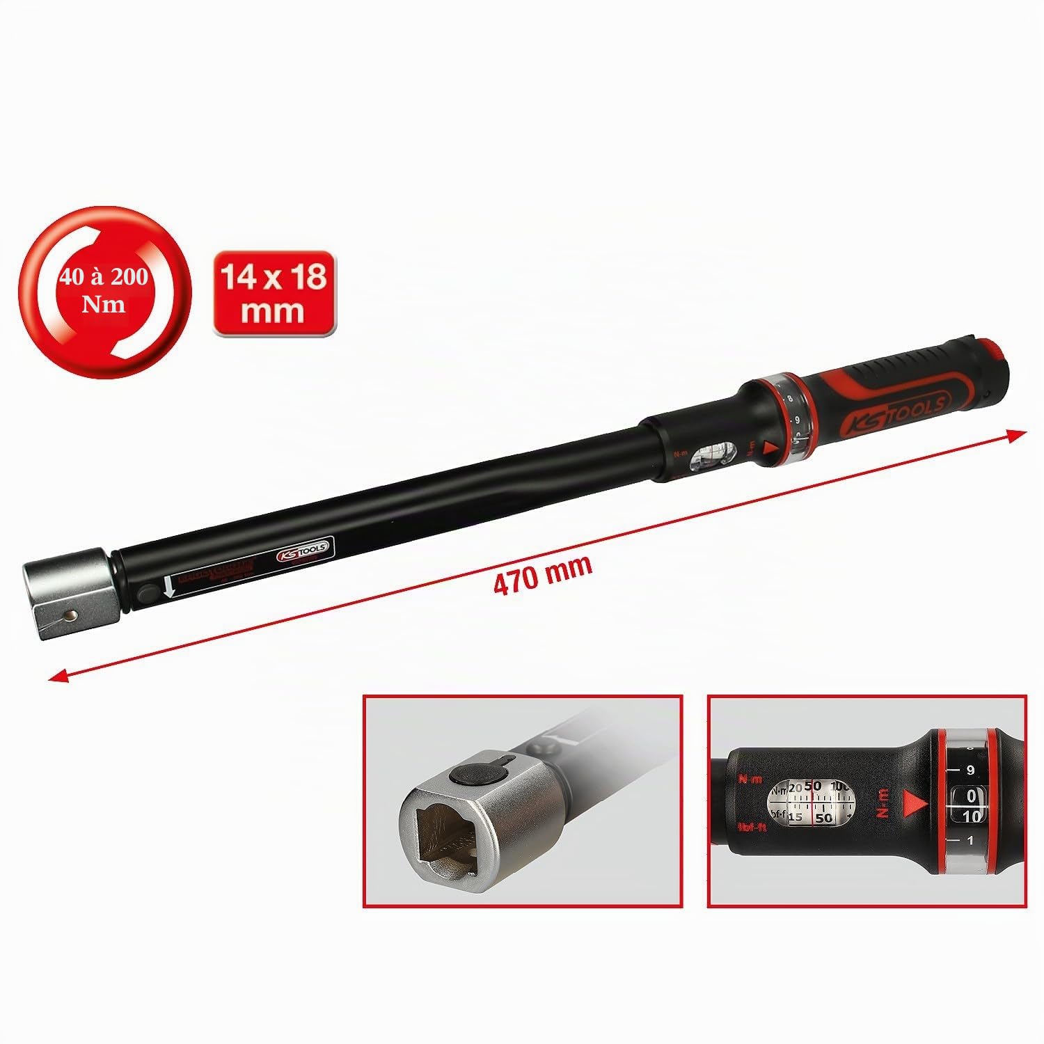 KS Tools 516.1652 Clé dynamométrique ERGOTORQUEprécision, 14x18-40-200 Nm | Clé dynamométrique ERGOTORQUEprécision®, 14x18 - 40-200 Nm, précision de serrage, chrome vanadium
