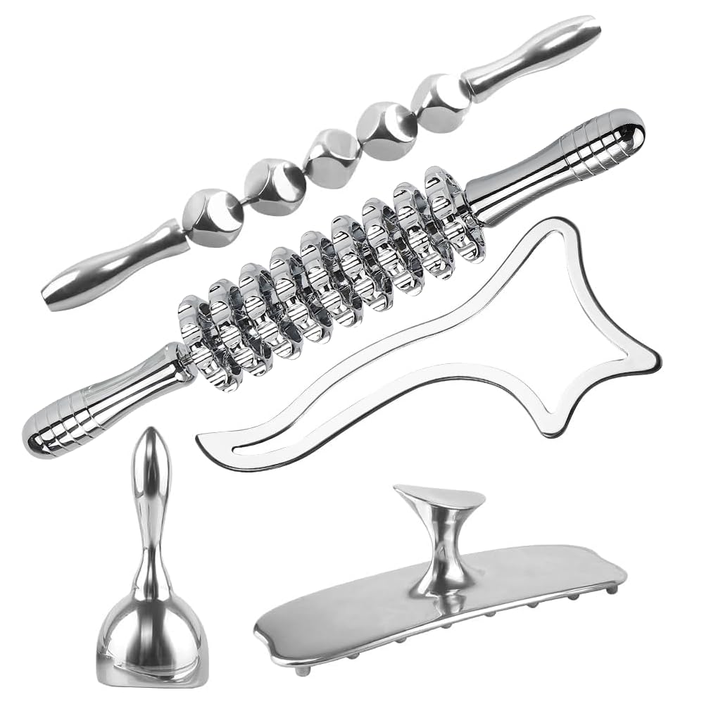ONUEMP 5-in-1 Stainless Steel Therapy Massage Tools, Gua Sha Scraping Fascia Massage, Maderoterapia Kit Colombiana for Lymphatic Drainage, Cellulite