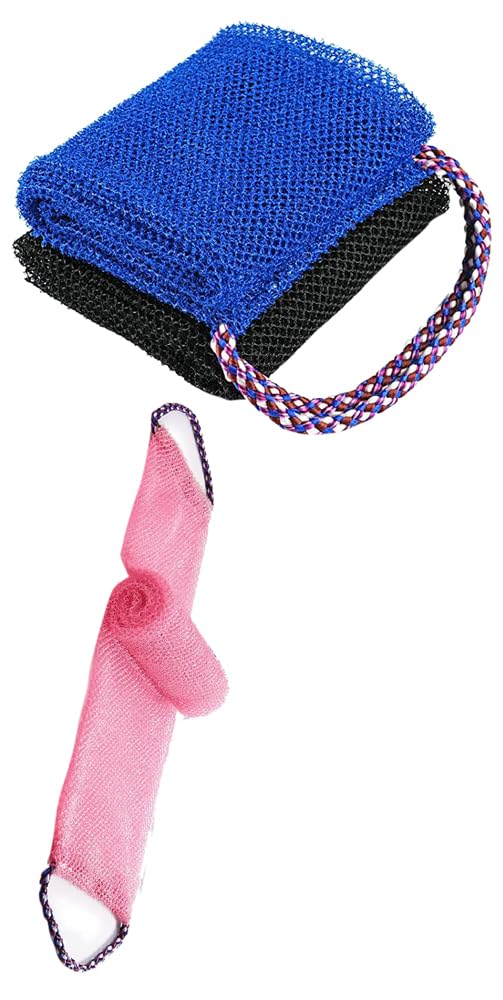 Amzboen 3 Pieces African Bathing Sponges African Back Scrubbers African Net Smoother Long Net Shower Sponges Exfoliating Loofahs with Ropes for Women Men Body Washing Accessories(Pink, Black, Blue)