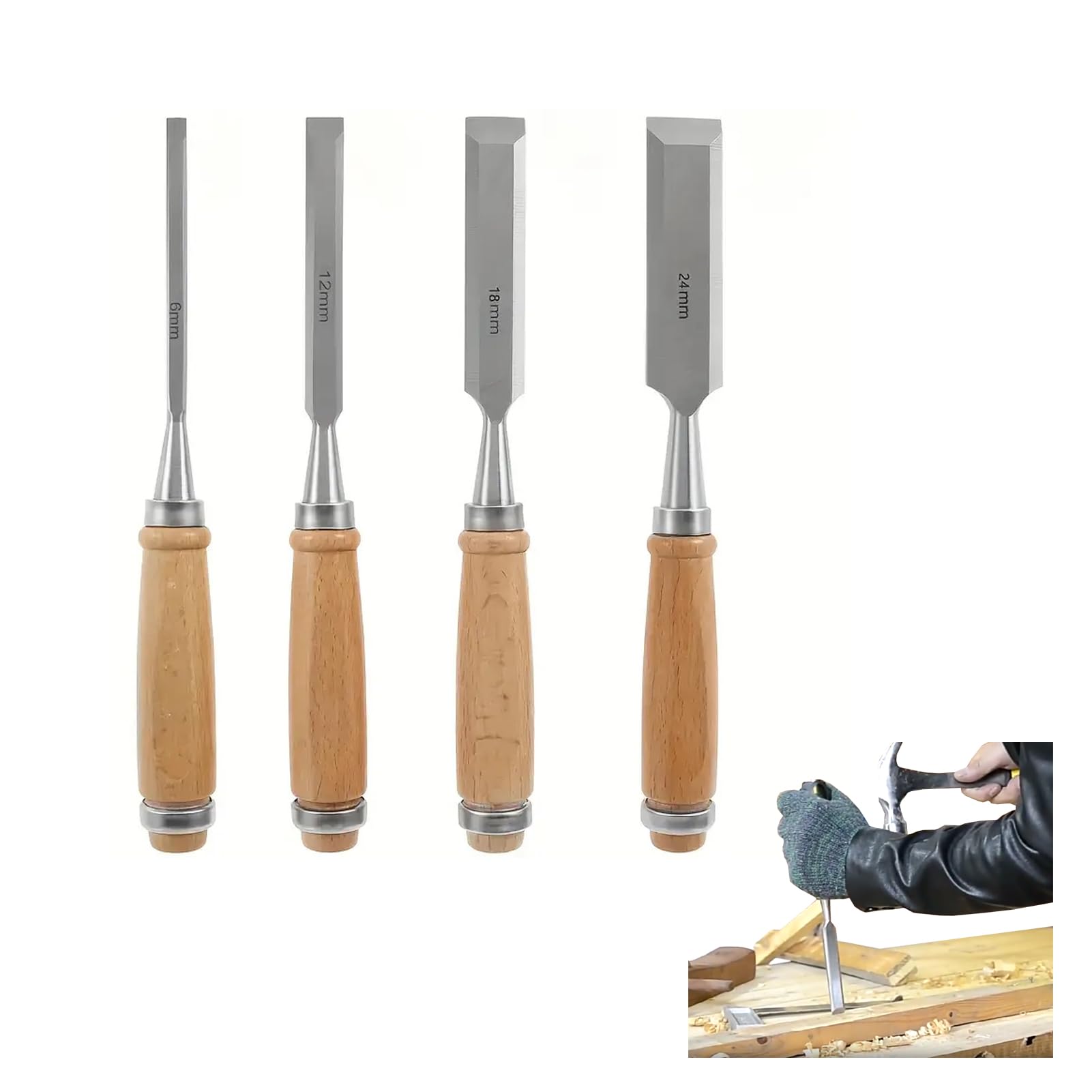 4 Piezas Cinceles para Madera de 6, 12, 18, 24mm, Herramientas Profesionales para Tallado y Carpintería, Formones para Madera, Kit de Gubias para Escultura, Adecuado para Principiantes y Expertos