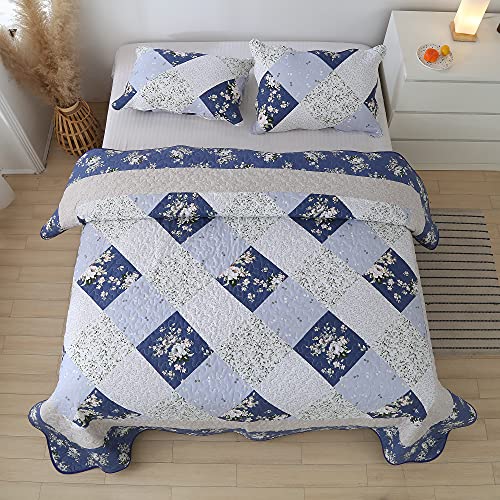 Quilt Set Full Queen Size Blue Patchwork Reversible Quilted Bedspread Coverlet Set 3-Piece Floral Lightweight Stitched Comforter Bedding Set Bed Sheet Cover Blanket With 2 Pillow Shams For All Season #TOP1