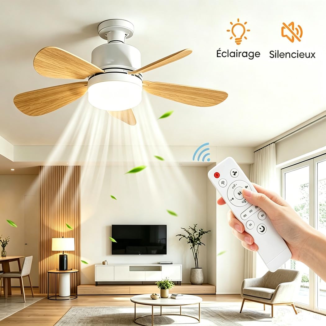 lot de 3 Ventilateur de Plafond avec Lumière et Telecommande, E27/E26 40W Lampe de Ventilateur LED Dimmable Plafonnier Timing, Silencieux, 5 Pales, 3 Vitesses pour Chambre Salon, Bureau