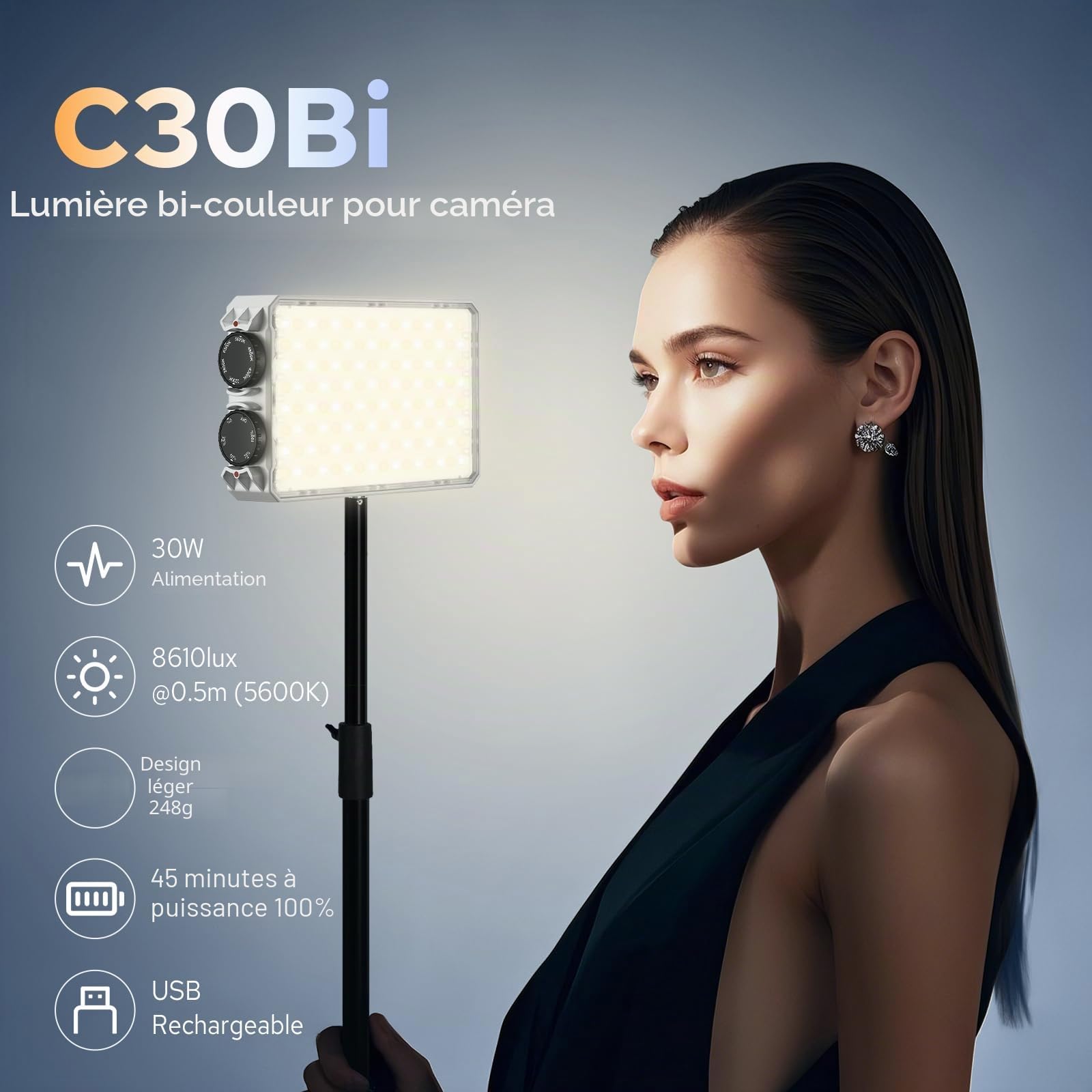 GODOX C30Bi Lampe Vidéo LED, CRI≥94 TLCI≥ 96, 2800K-6500K Éclairage Continu, 3400mAh Batterie au Lithium, Portable Éclairage LED pour Création de Contenu, Voyages et Photographie