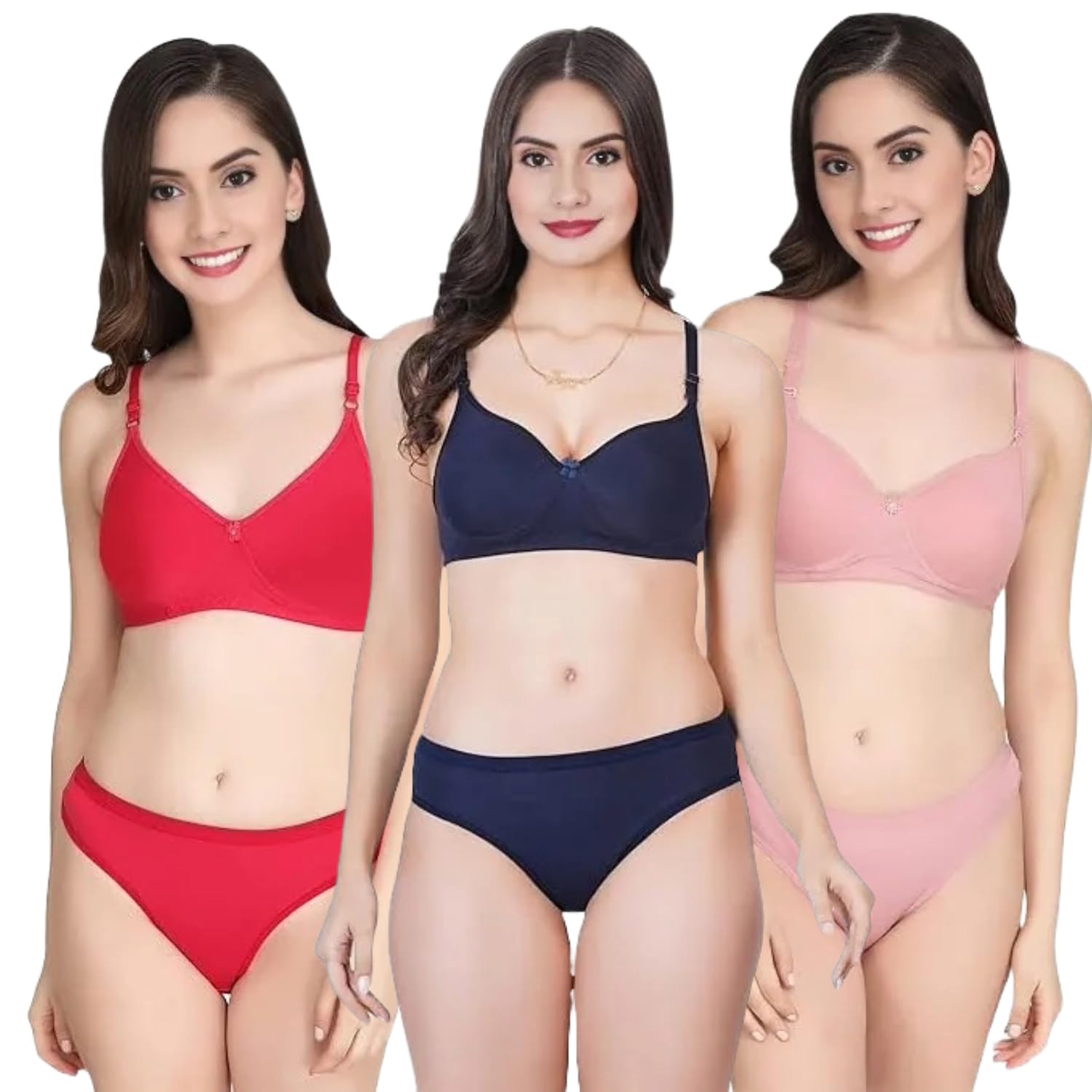 Women Cotton Non Padded Non-Wired Full Cup Padded T-Shirts Bra and Panty Lingerie Set Multicolor