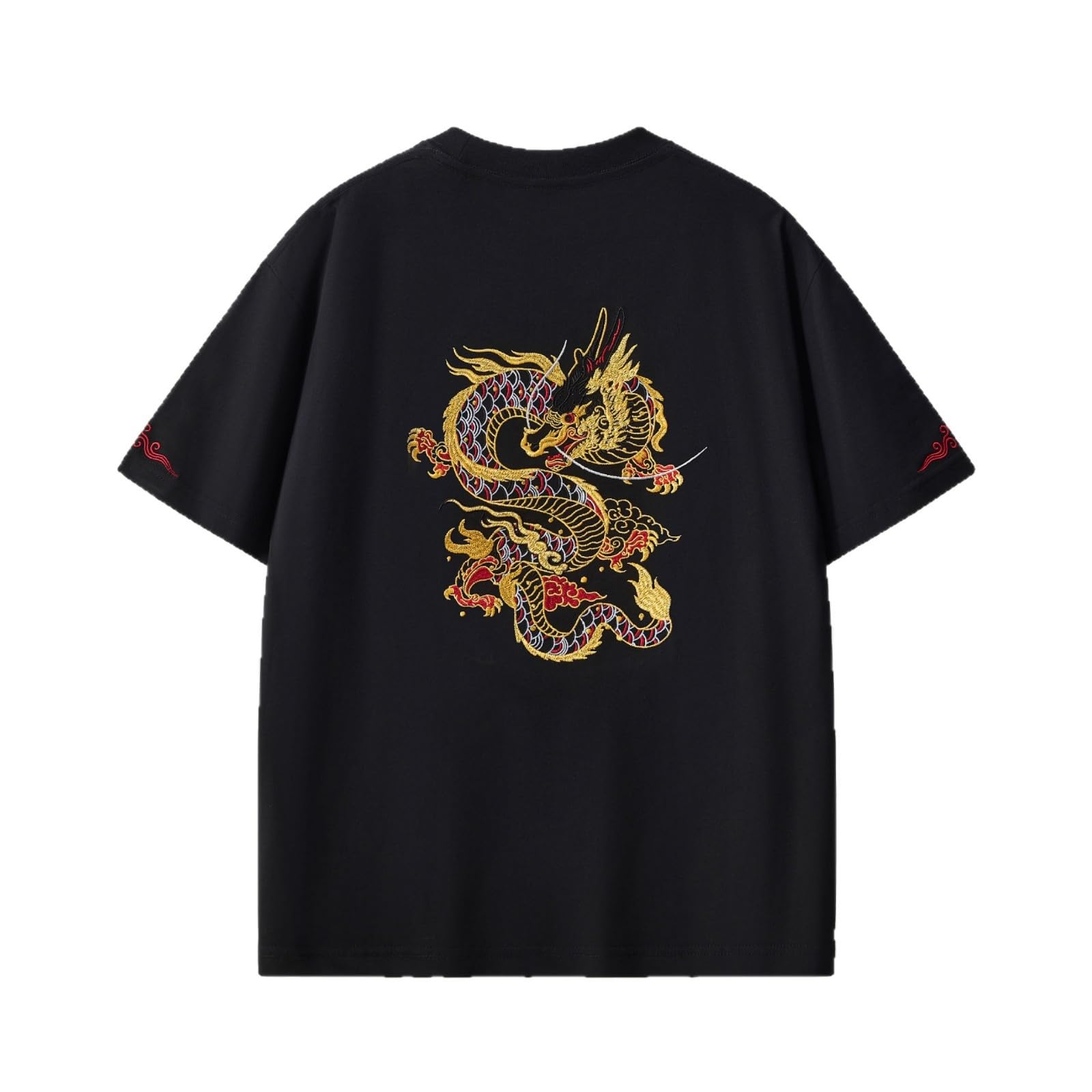 Męski bawełniany t-shirt z okrągłym dekoltem, haft smoka, przecięte ramiona, top z krótkim rękawem