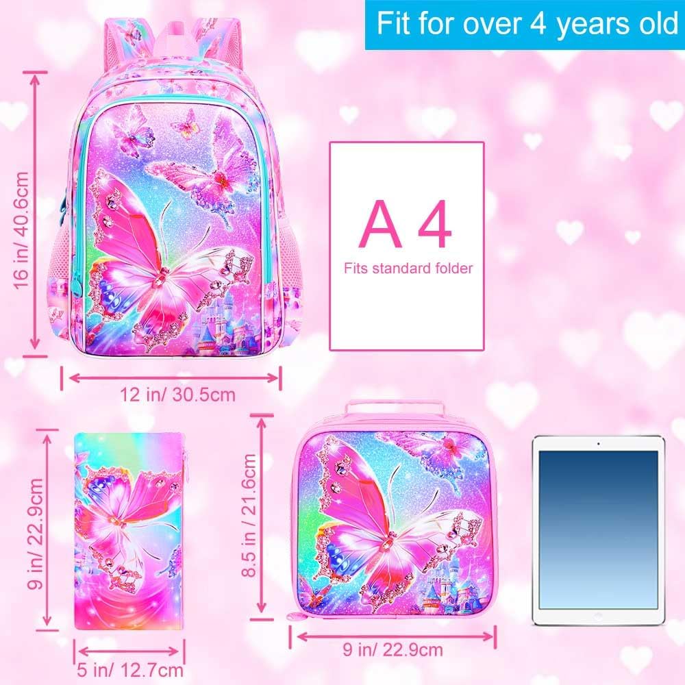 UFNDC 3PCS Girls Backpack, 16" Kids Bookbag with Lunch Box, Water Resistant School Bag for Elementary Preschool Toddler