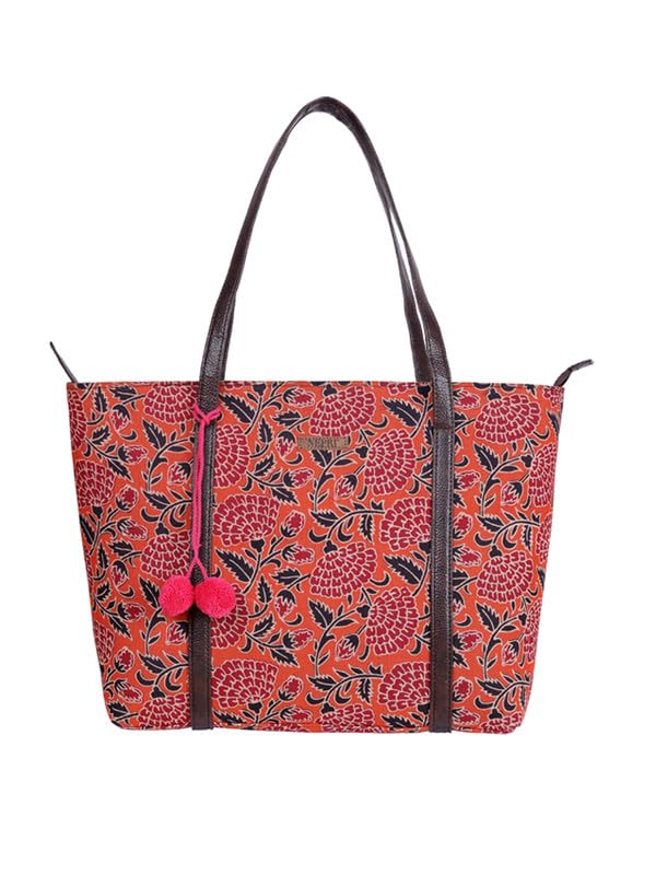 Image of NEPRI Oversized Office Tote Bag | Stylish Tote Bags | Purse for Women | Vegan Leather & Hanblock Printed Fabric Handbag with Double Handle Shoulder Strap| Daily & Travel Use