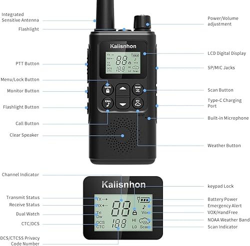 Miniatura 4 de walkie talkies NOAA para adultos de largo alcance con auricular, alertas meteorológicas, walkie talkie manos libres, recargable con carga tipo C,
