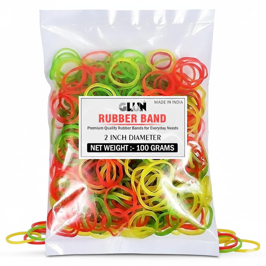 GLUN® Elastic Bands 2 Inches Fluorescent Color Rubber Band for School, Home and Office use High-Quality, Durable and Bright Pack 100 Grams