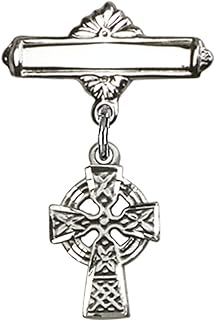 Sterling Silver Baby Badge with Celtic Cross Charm and Polished Badge Pin 1 X 5/8 inches