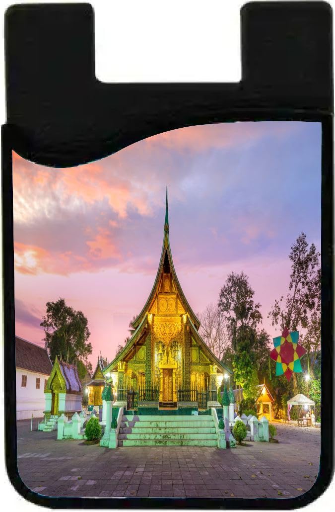 Island Gifting Neoprene Stick-on ID Card Holder for iPhone/Galaxy/Google Android Cases Featuring Image of Wat Xieng Thong in Laos, cell-sleeve-mas-539