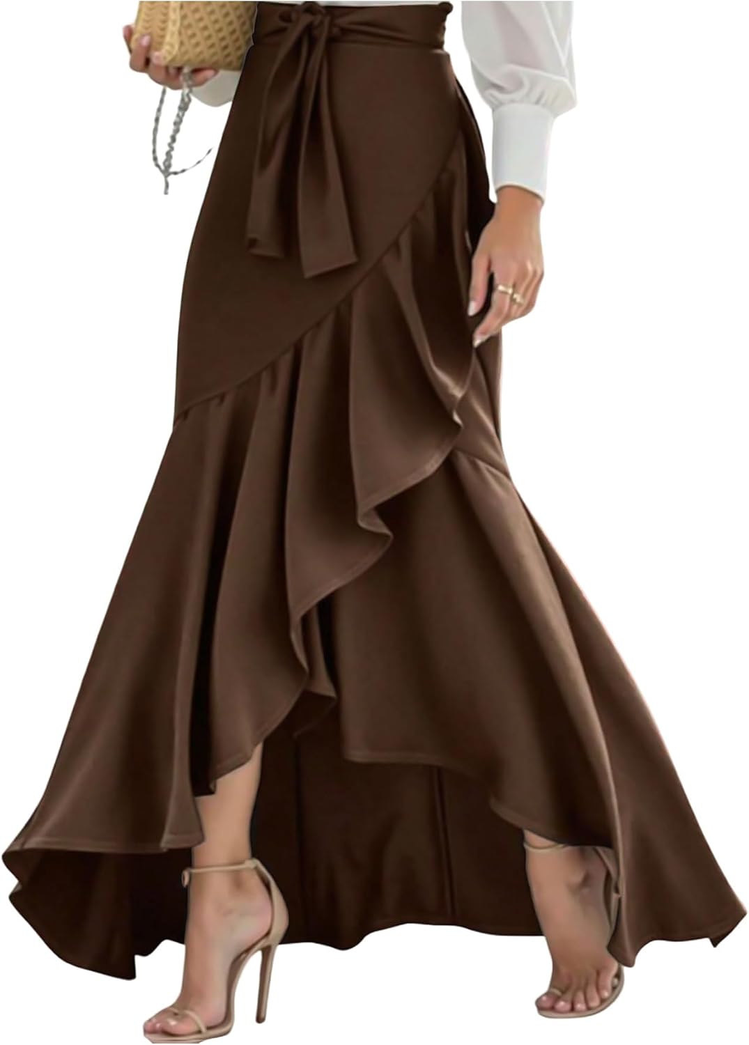Verdusa Women's Elegant Wrap Ruffle Maxi Skirt High Waisted Dressy Belted Skirts Teacher Outfits