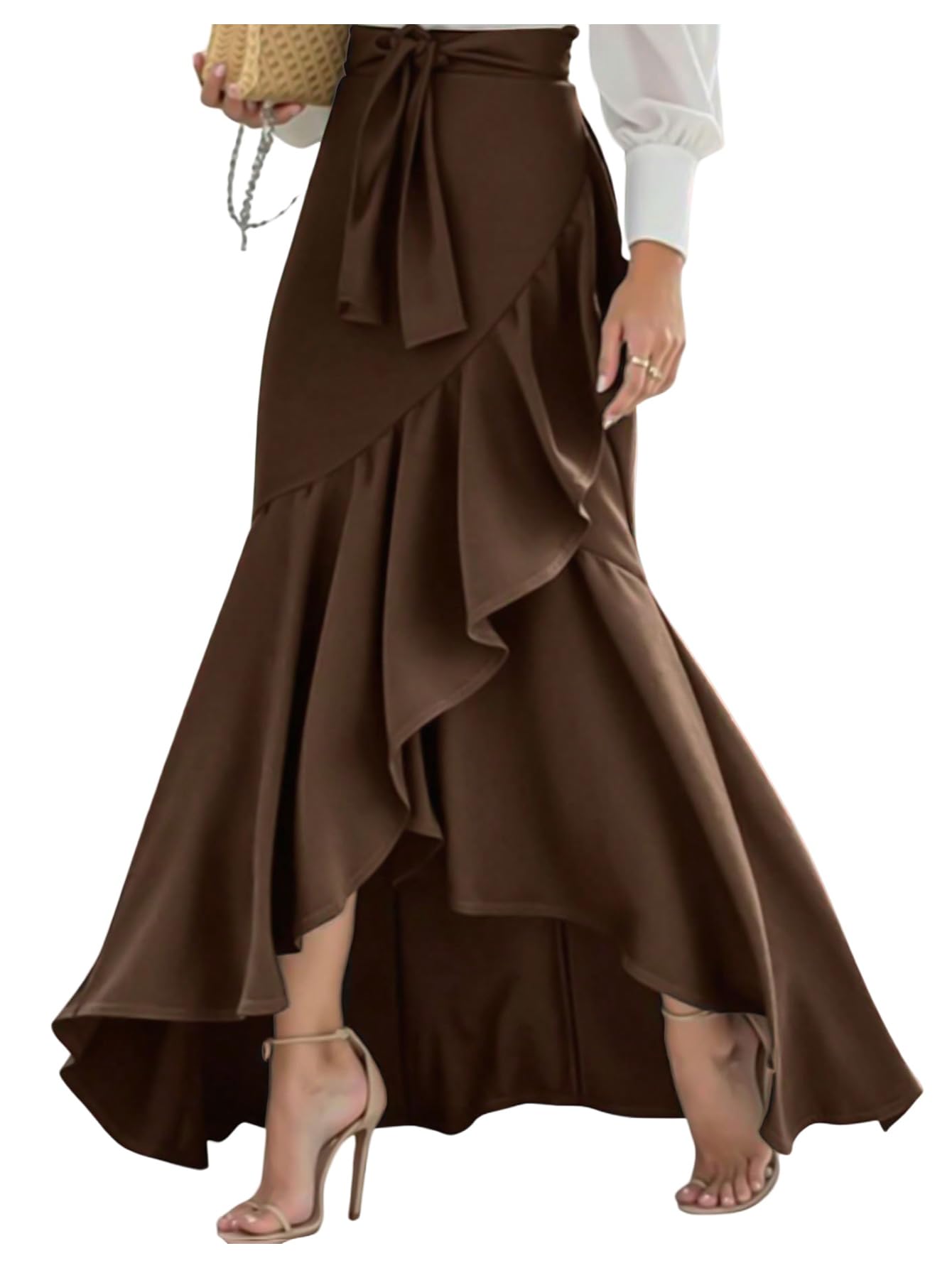 Verdusa Womens Elegant Wrap Ruffle Maxi Skirt High Waisted Dressy Belted Skirts Teacher Outfits