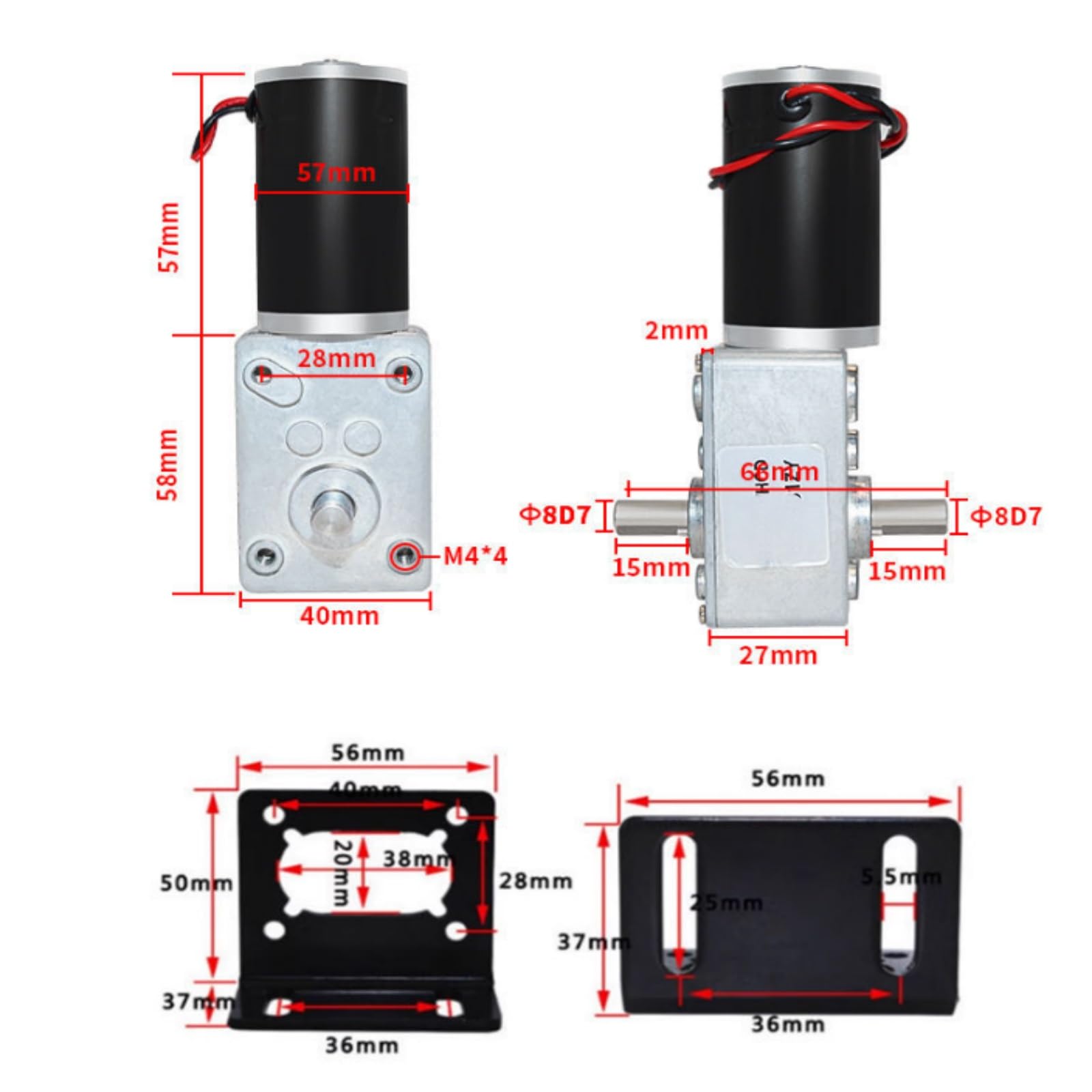 Moteur à engrenages réducteurs haute puissance CC 12 V 24, couple élevé 7 tr/min-470 tr/min, moteur vis sans fin inversé Remplacement facile par bricolage(A,12V 50RPM)