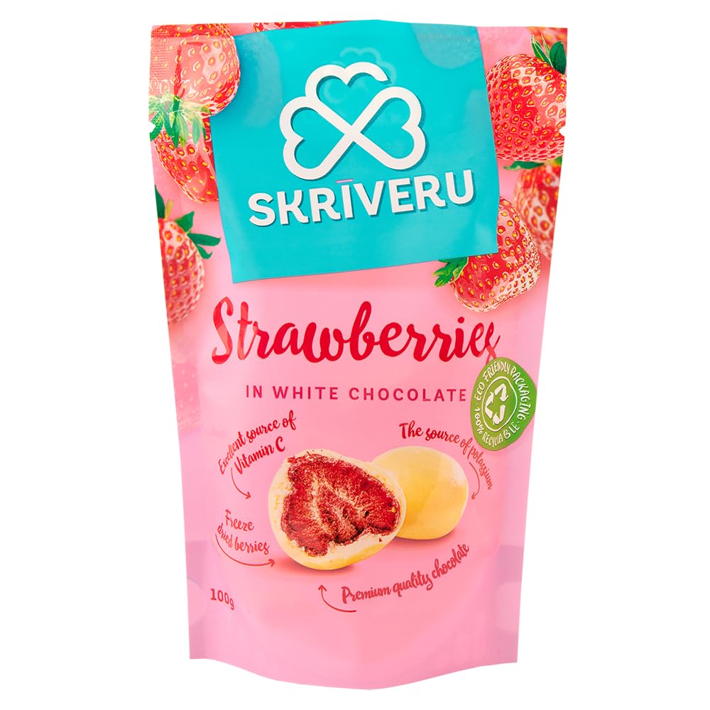 Skrīveru Strawberries in White Chocolate 100g – Freeze-Dried Whole Berries, Coated in Smooth Belgian Cocoa, Natural Source of Vitamin C, Eco-Friendly, 100% Recyclable Packaging