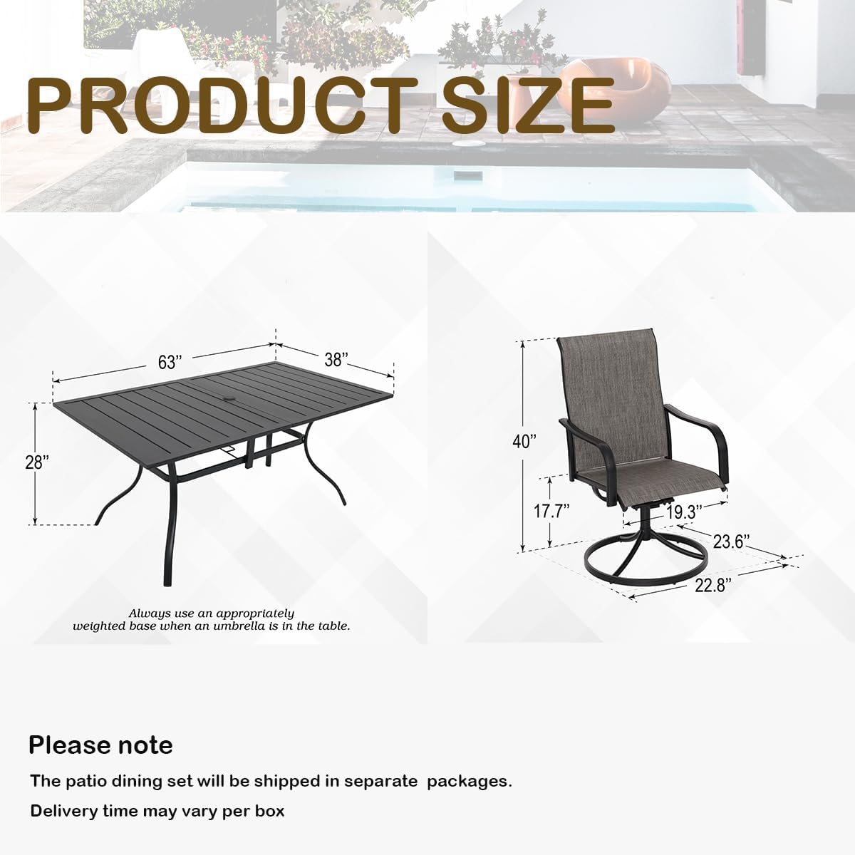 Anmutig 7 Pieces Outdoor Patio Dining Set for 6 Patio Dining Swivel Chairs Textilene & 1 Rectangle Outdoor Dining Table with 1.57" Umbrella Hole for Backyard Bistro Outdoor Furniture Brown/Grey