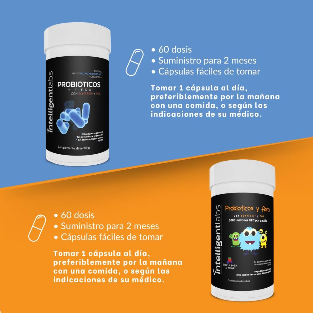 Intelligent Labs Pack 2-en-1: Probióticos Adultos (50 Mil Millones UFC) y Niños (6 Mil Millones UFC). Con Prebióticos, 60 Porciones. Suministro para 60 Días. Refuerzo de la Flora Intestinal. (189 cara
