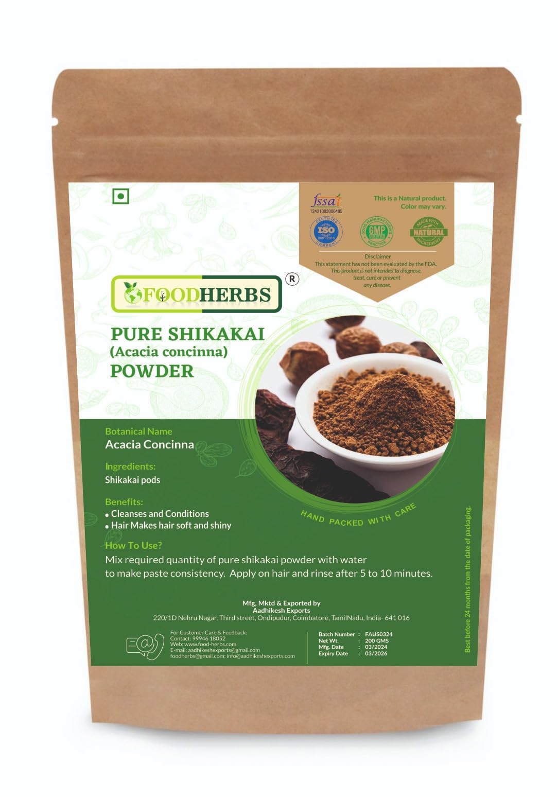 Foodherbs Pure Shikakai Powder | Acacia Concinna | 200g | 0.44 Lbs | Cleanses and Conditions Hair