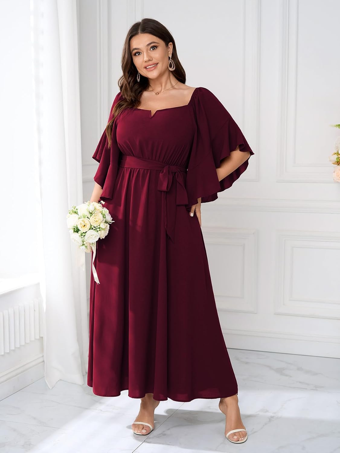 SCOMCHIC Women Plus Size Wedding Guest Maxi Dress Square Neck Ruffle 3/4 Sleeve Belted Slit A Line Formal Long Dresses - Image 6