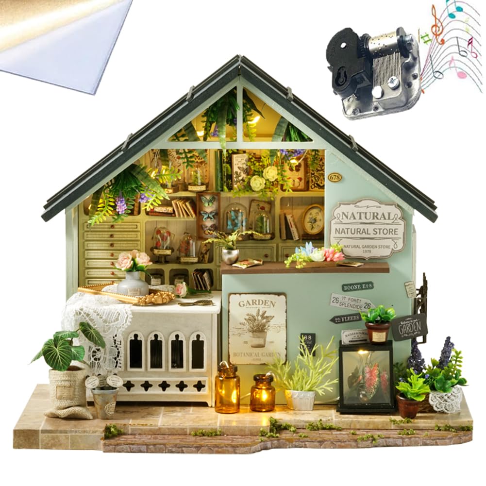 SXDMOUBK DIY doll house Kit 3D Wooden Puzzle, Dollhouse bake house Decor with LED DIY Bookend Dollhouse Kit Crafts Hobbies Gifts (Green Plant Studio)