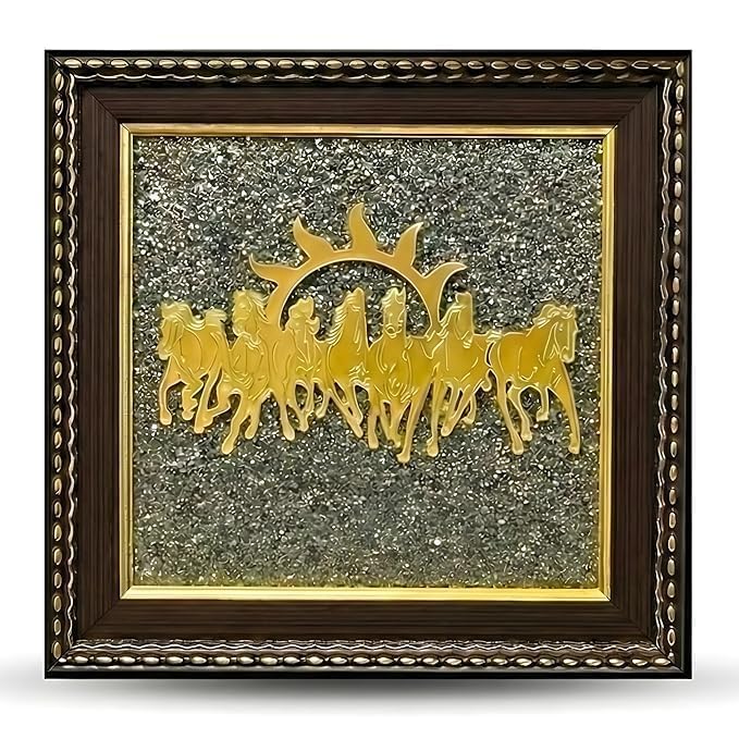Stone Frame with Vastu Seven Running Horses with Sun to Attract Money, Protection and Chakra Healing - Big Size 7 Horses Painting Vastu Wooden Photo Frame Wall Decor Items for Living Room with Original Pyrite Dust for Money Success (Pack of 1)-image-32