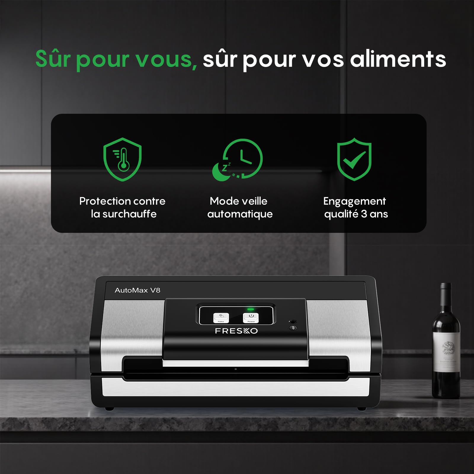 FRESKO Automatique Machine Sous Vide Alimentaire, 140 Watts, Machine Sous Vide Mains Libres, Détection Sec/Humide, Sac à 2 Rouleaux, coupeur intégré et rangement du sac (AutoMax V8)