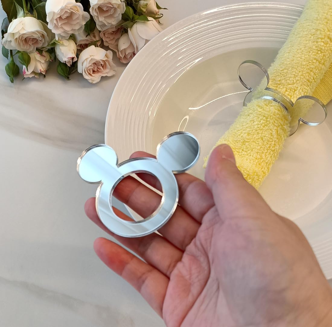 Set of 12 Acrylic Cartoon Napkin Ring,Mirrored Mickey Mouse Head Napkin Rings for Wedding Favors Event Party Supplies Tableware Cartoon Acrylic Table Settings (Silver Mirror)