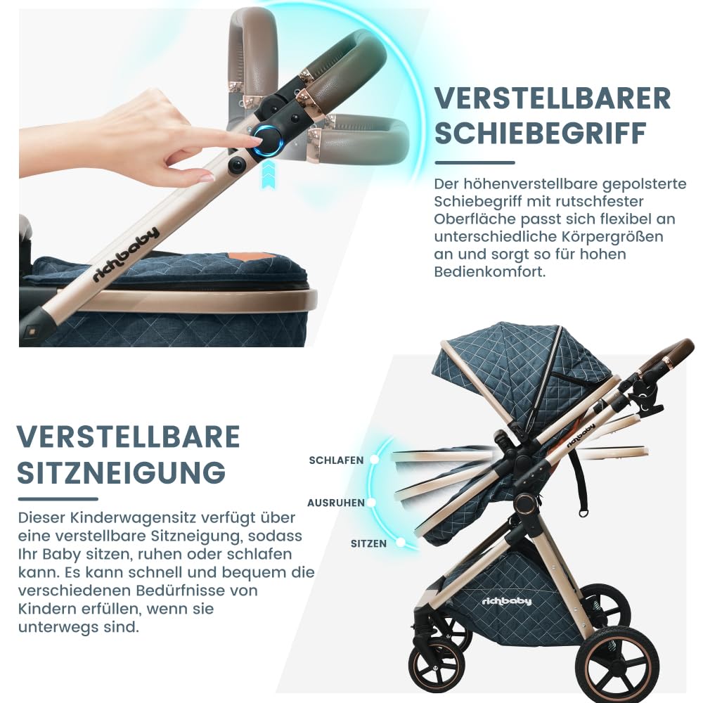 Passeggino combinato 2 in 1 con culla rimovibile, sospensioni All-Terrain, pieghevole con una sola mano, manubrio regolabile in altezza, ampio vano portaoggetti, sedile reversibile, per neonati fino a