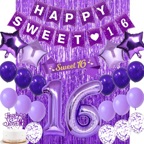 Sweet 16 Party Decorations Purple, Happy 16th Birthday Banner, Cake Topper, Balloons, Sash, Foil Fringe Curtains Purple 16th Birthday Decorations for Girls