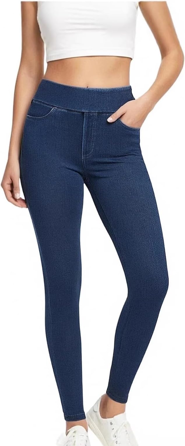 Women's High Waisted Denim Look Yoga Pants with 4 Pockets Butt Lifting Stretchy Slim Fit Workout Jeggings for Fitness & Daily