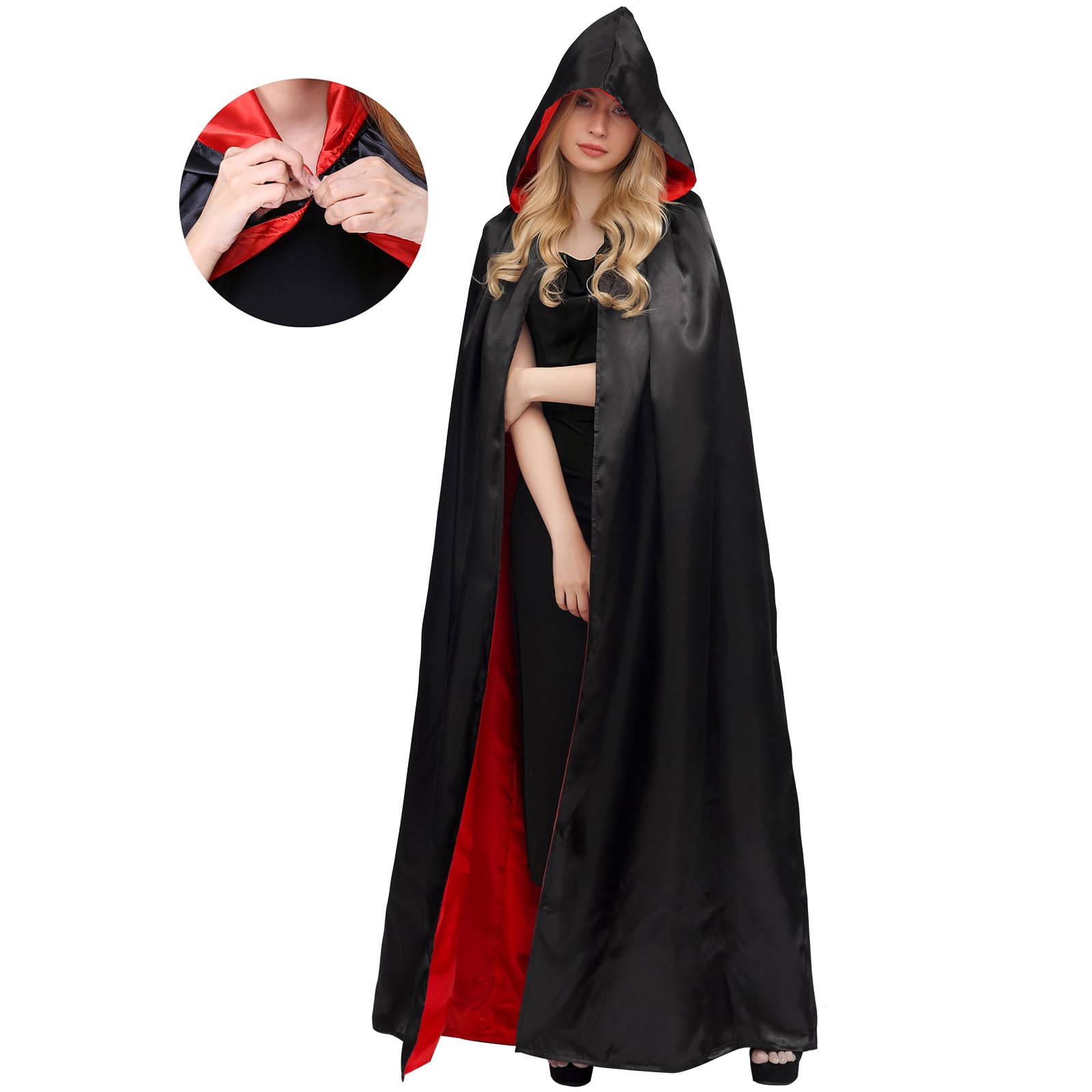 Myir JUN Czarno-czerwona peleryna dla dorosłych dzieci, uniseks, płaszcz z kapturem, kostium na Halloween, satyna, czarownice, wampiry, płaszcz, fantazyjne przebranie dla dzieci (L)