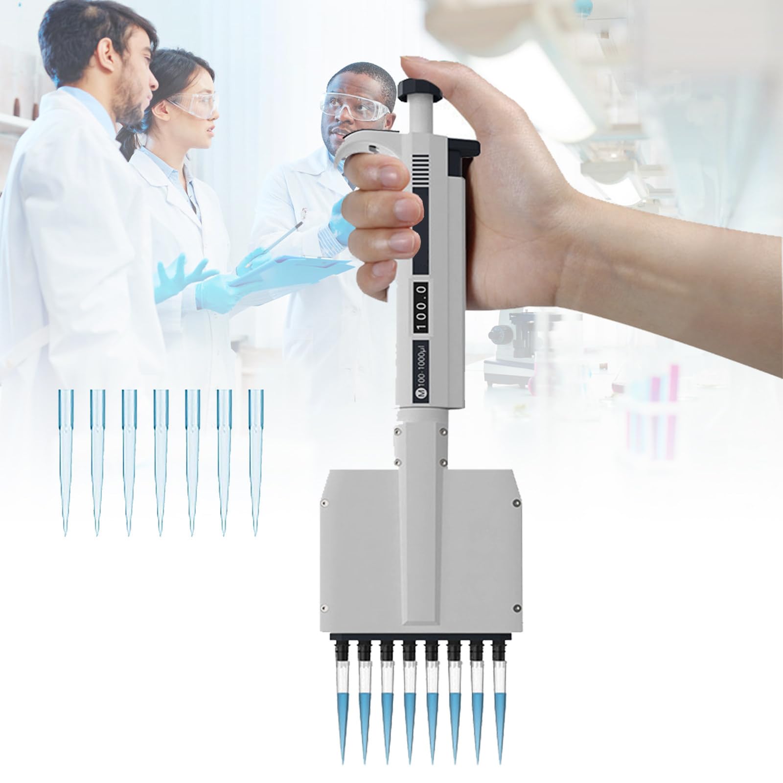 Micropipette 8/12 canaux portée 10/50/300μL avec volume numérique ajustable