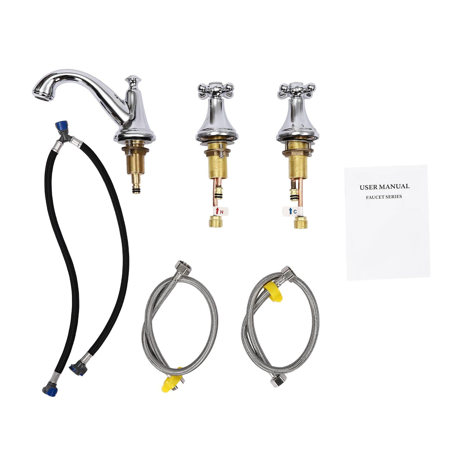 Rubinetto lavabo a 3 fori argento lavabo miscelatore con 2 maniglie, rubinetto per acqua calda e fredda
