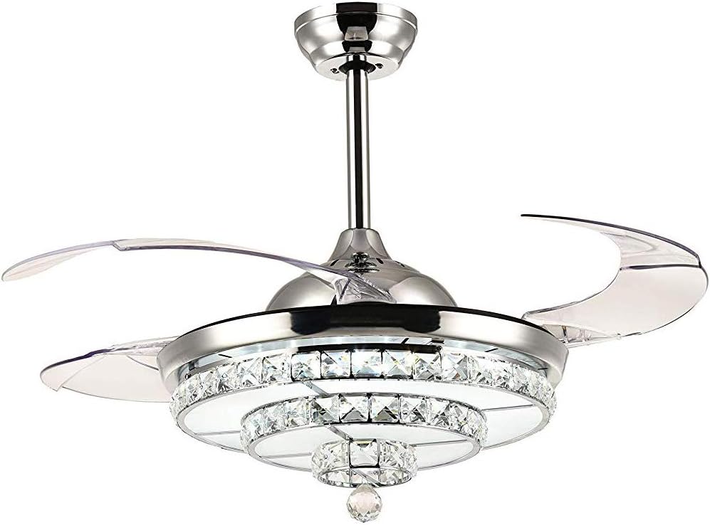 NOXARTE Crystal Ceiling Fan Chandelier Remote Control Reverse Blades Modern Ceiling Fan for Living Room Bedroom Kitchen Island